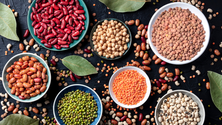 bowls of dried beans and pulses, including soybeans and lentils