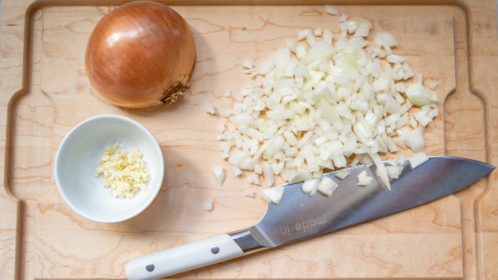 Diced onion on a cutting board