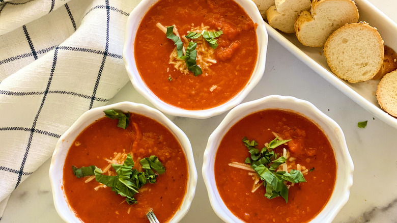 tomato soup with checked towel