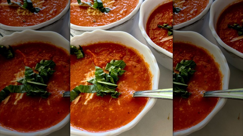 tomato soup in white bowl