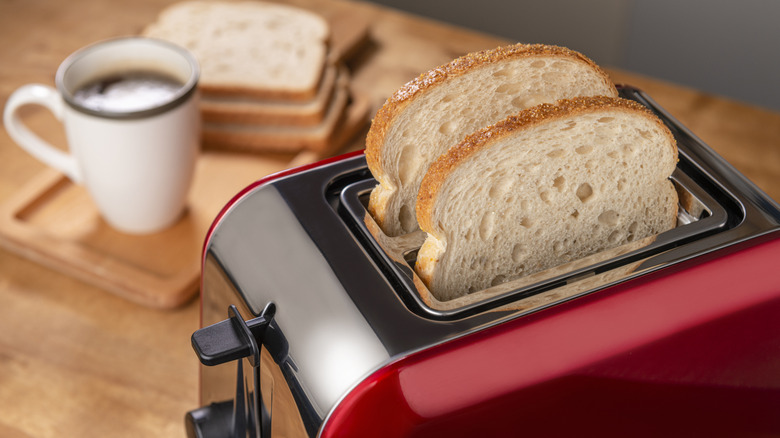 clean shiny kitchen toaster with bread inside