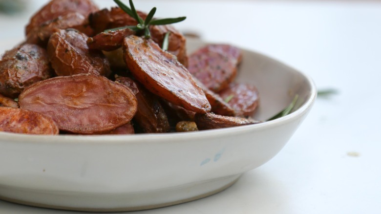 Roasted fingerling potatoes in bowl