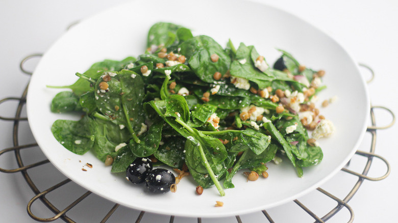 Lentil spinach salad on plate