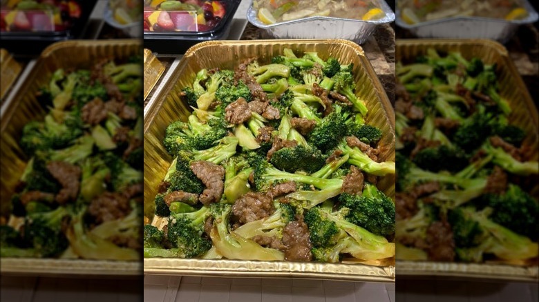 Panda Express Broccoli Beef in gold tray