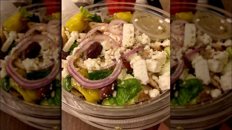 Panera Bread Greek Salad in plastic bowl