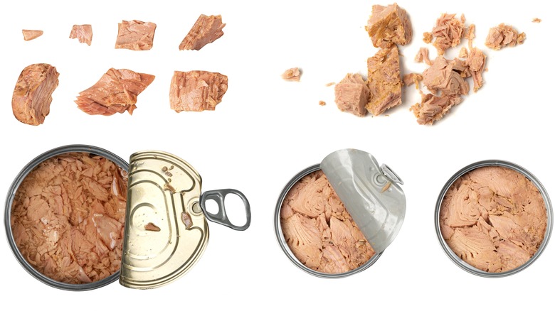 Overhead view of canned tuna chunks