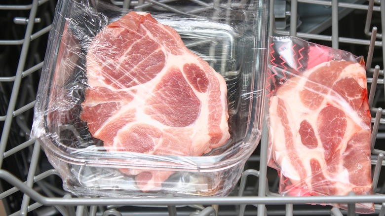 Raw meat on dishwasher rack