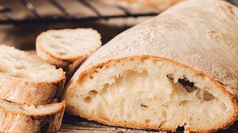 Sliced loaf of ciabatta bread