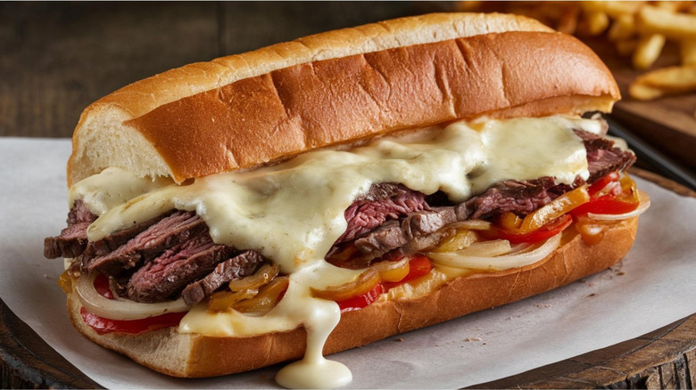 Philly cheesesteak sandwich with gooey melted cheese