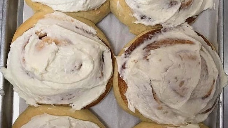 Iced cinnamon rolls on tray