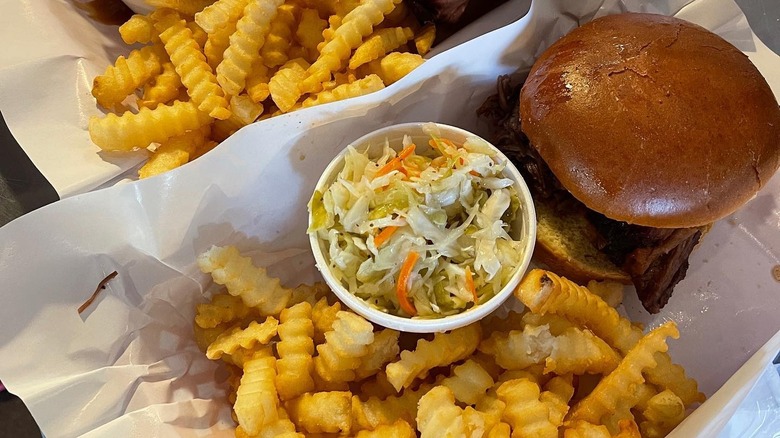 Burger, fries, coleslaw, Pappy's Smokehouse