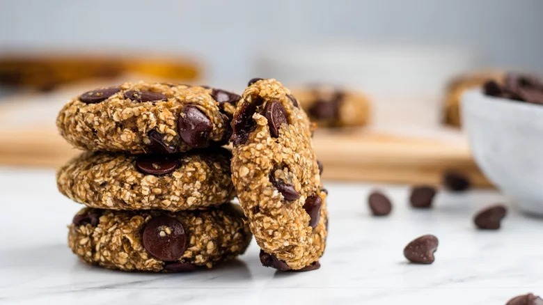 stack of three Banana Oatmeal Chocolate Chip Cookies