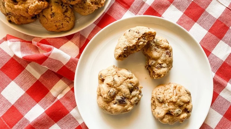 hermit cookies on plate on checkered tablecloth