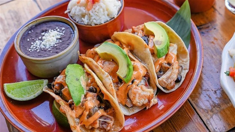 Fish Tacos with beans and rice