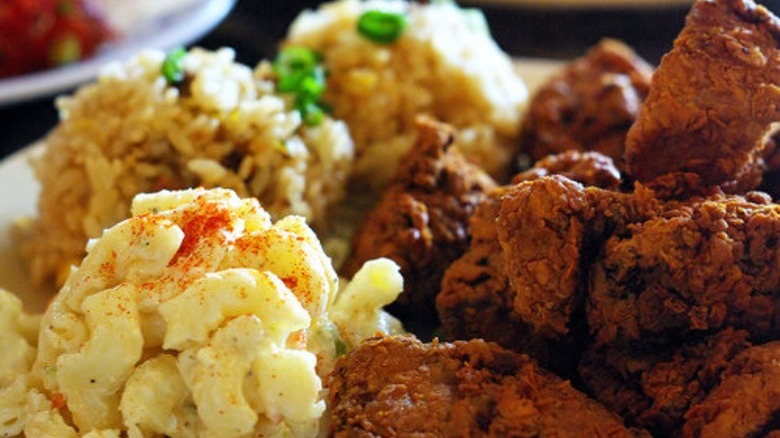 ginger chicken plate and macaroni salad