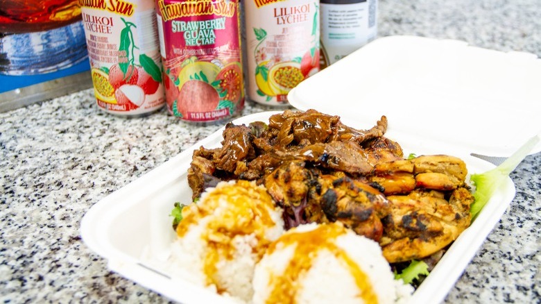 hawaiian sun drinks with maui bus stop rice lunch plate