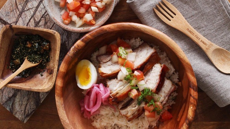 pork belly kau kau tin with onion lomi and white rice