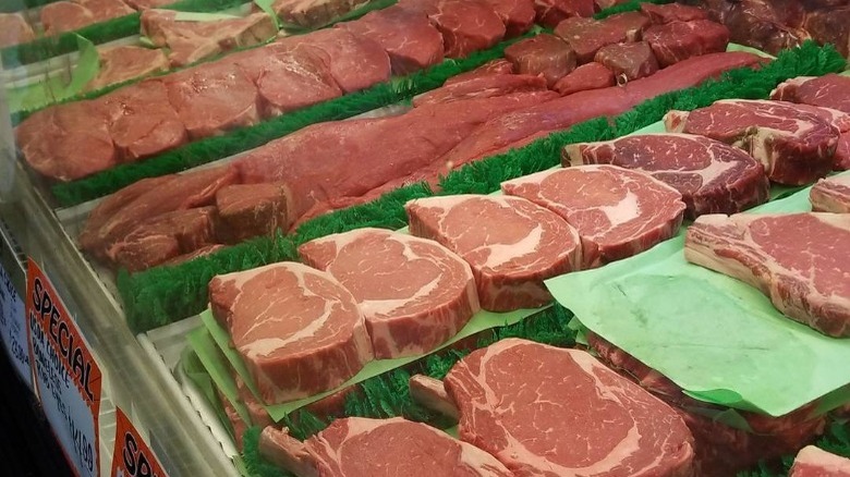 Meat in glass case display