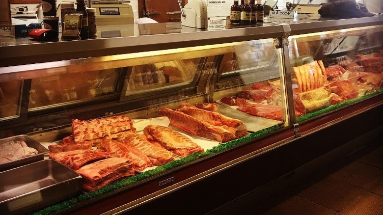 Meat in glass case display