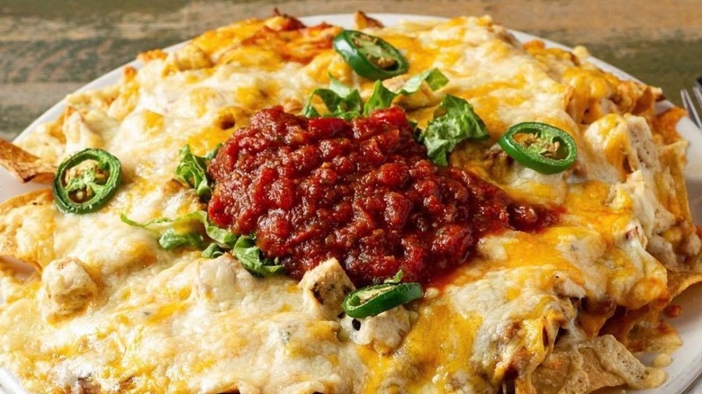 closeup of cheesy tomato nachos