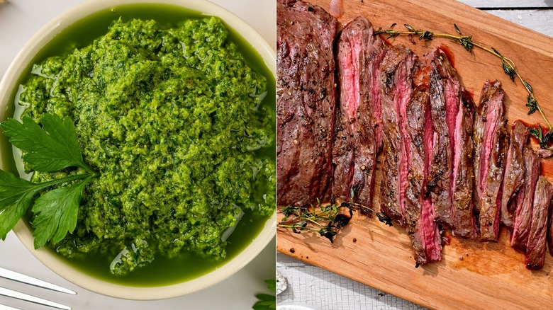 salsa verde sliced rare steak