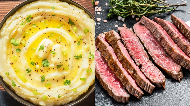 mashed potato sliced rare steak