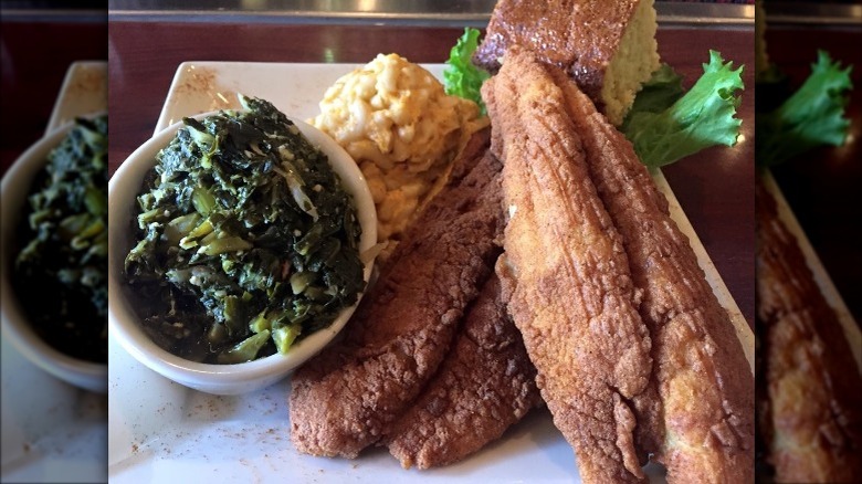 Catfish with greens and macaroni 