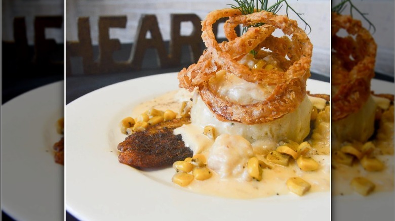 Mashed Potatoes, corn, onion rings 