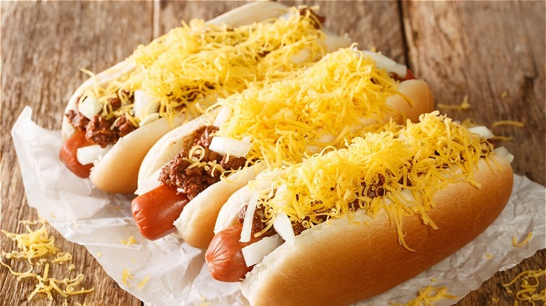 three chili dogs