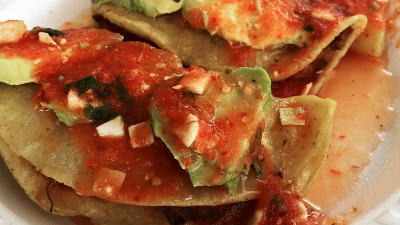 close up of plate of tacos dorados with ceviche