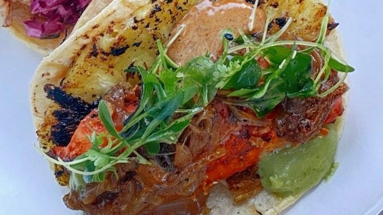 close up of seafood taco