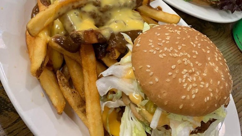 Chili Mustard Onion Detroit vegan burger and fries