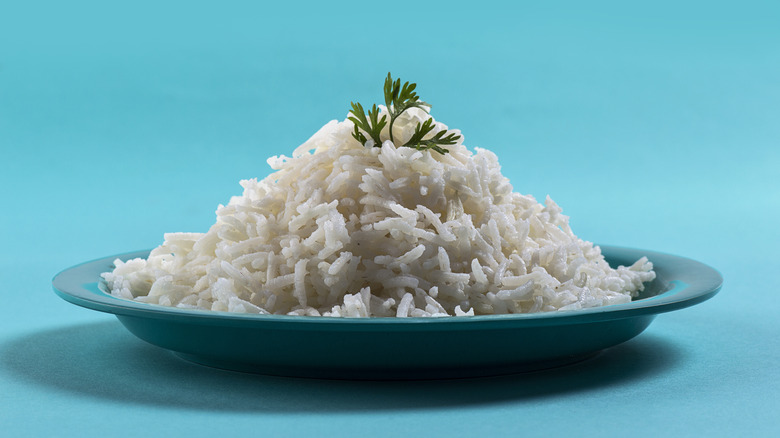 A blue plate piled high with cooked rice.