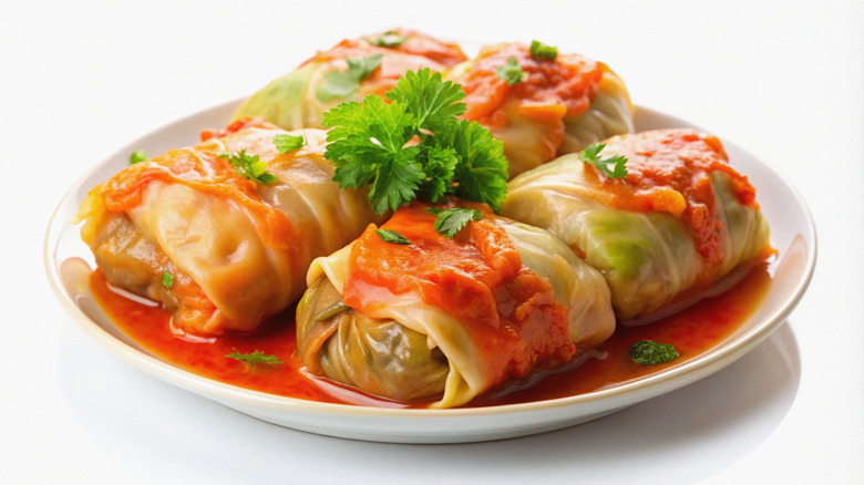 Two cabbage rolls are in sauce on a plate.