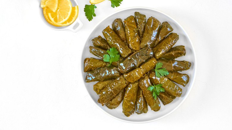 Stuffed grape leaves are arranged on a plate.