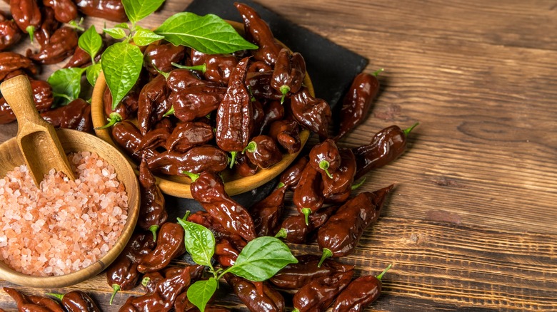 Ghost peppers on wooden background 