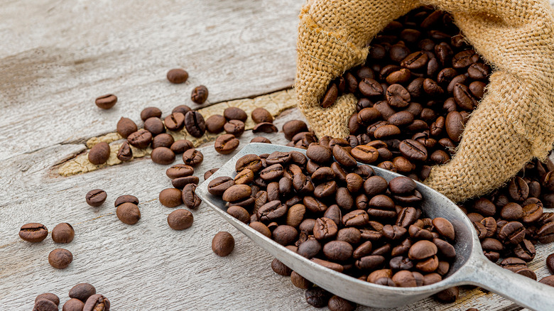 Coffee beans and brown burlap