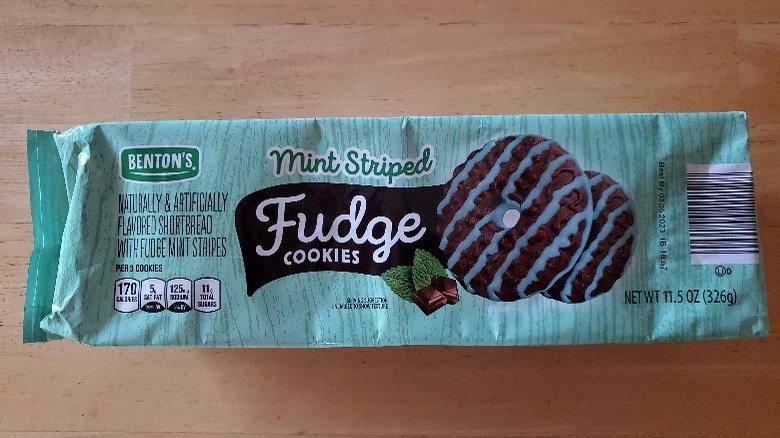 A box of Benton's mint striped fudge cookies