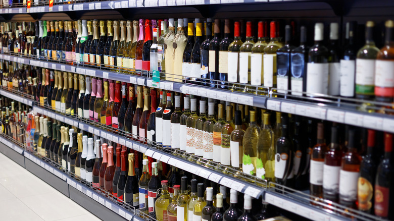 Supermarket shelves with multiple wines