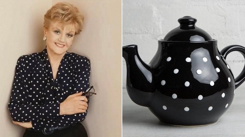 Angela Lansbury and teapot both in black with white dots. 
