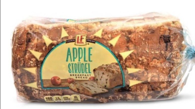 loaf of apple strudel breakfast bread wrapped in plastic bag