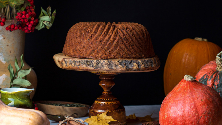 Pumpkin bundt cake on a platter