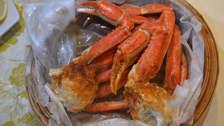 A bucket of crab legs