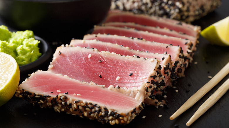 ahi tuna sliced on platter