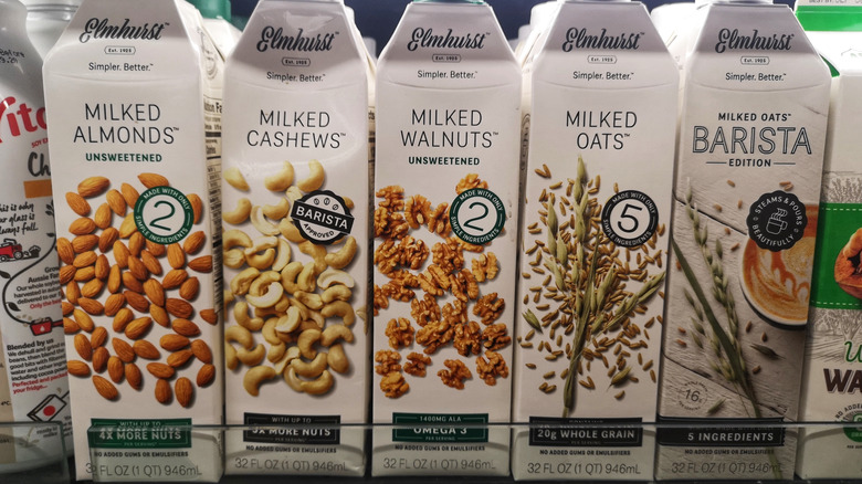 A row of Elmhurst non-dairy milk