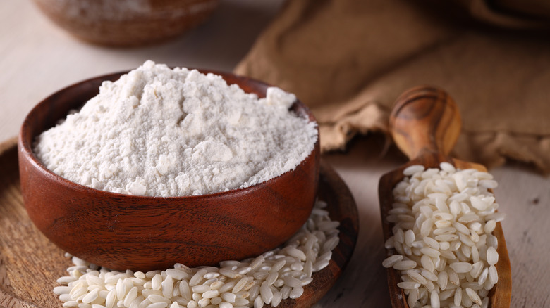 Rice flour in a wooden bowl