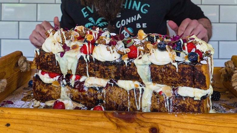 Adam Moran, Beard Meats Food, at Giant French Toast Challenge Diggle Lock in Oldham in the United Kingdom