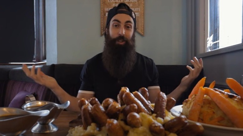 Adam Moran, Beard Meats Food, at the Bangers and Mash Challenge at The Brown Cow pub in Ackworth, United Kingdom