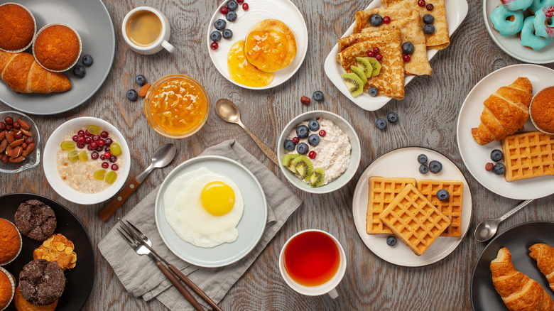 A breakfast spread on a table