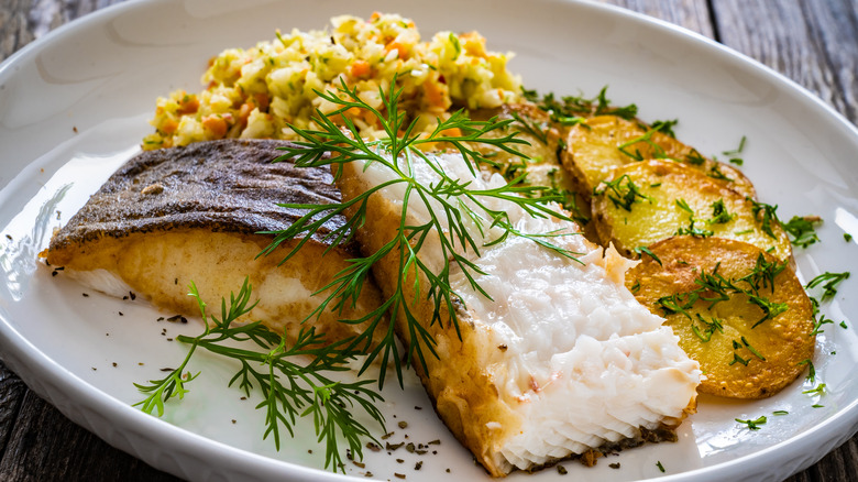 Halibut with sides and garnish